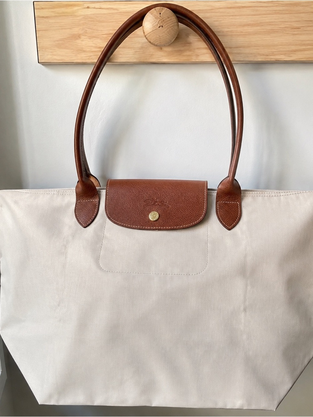 Longchamp Cream Canvas Tote with Brown Leather Trim